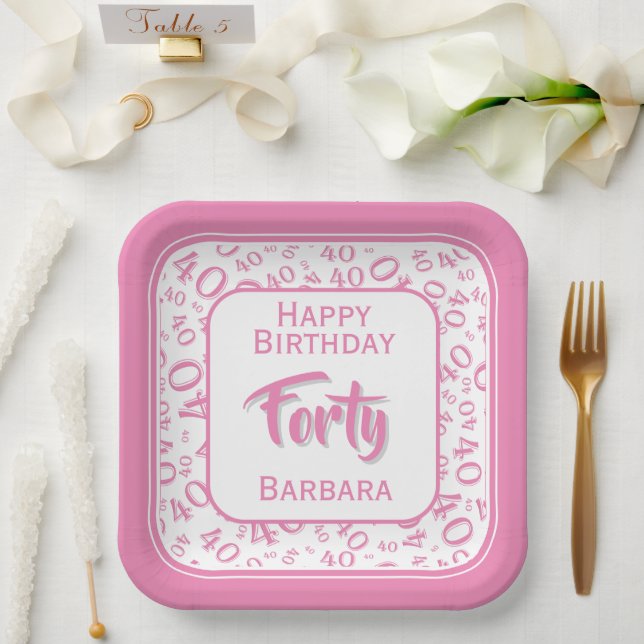 40th Party Random Number Pattern Pink/White Paper Plates (Wedding)