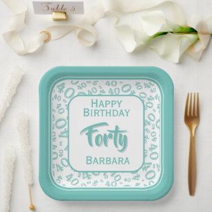 40th Party Random Number Pattern Teal/White Paper Plates