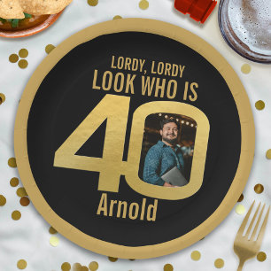 40th photo birthday black and gold paper plates