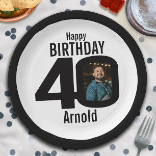 40th photo birthday black and white paper plates