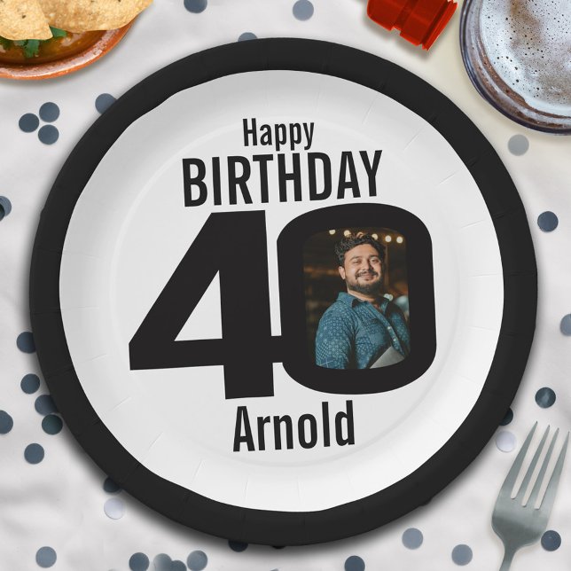 40th photo birthday black and white paper plates (Creator Uploaded)