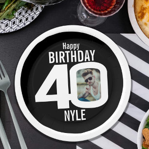 40th photo birthday black and white paper plates