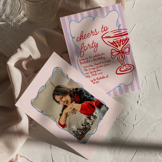 40th Pink Drawn Colorful Champagne Photo Birthday Invitation (Creator Uploaded)