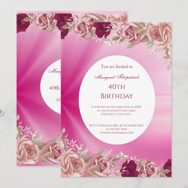 40th Pink Flowers Red Pink Roses Birthday Party Invitation (Front/Back)