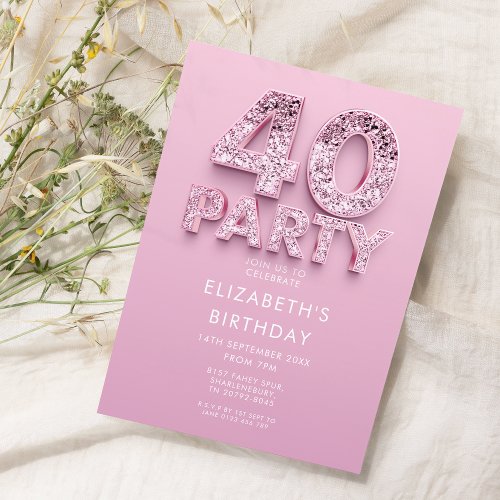 40th Pink Sparkle Birthday  Invitation