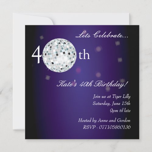 40th Purple Disco Ball Party Invitation