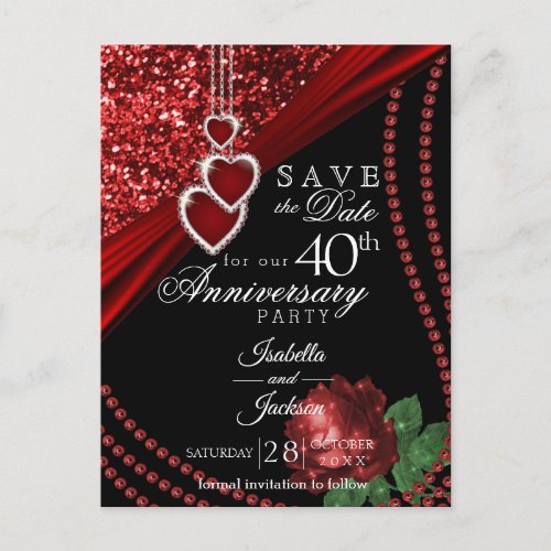40th Red Glitter  Rose Anniversary _Save the Date Announcement Postcard