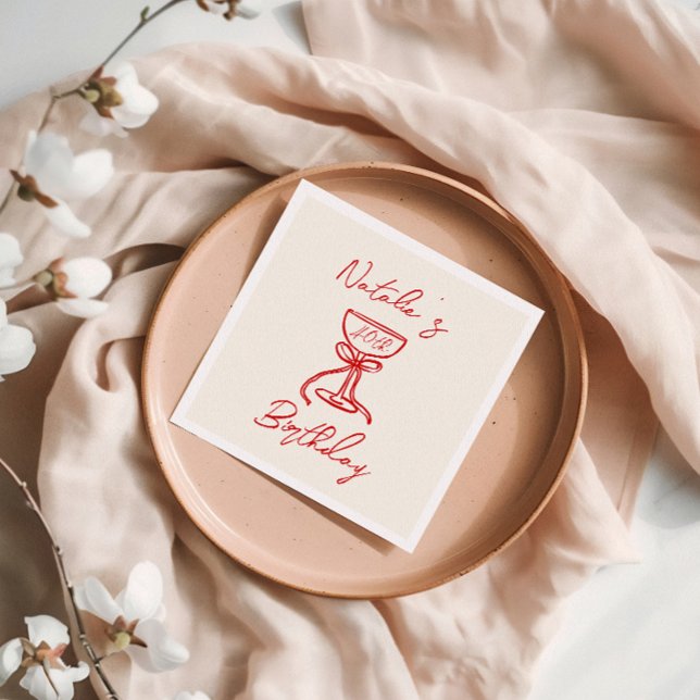 40th Retro Hand Drawn Bow Champagne Glass Birthday Napkins (Creator Uploaded)