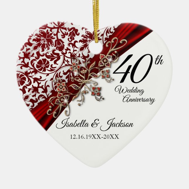 40th Ruby and White with Floral Anniversary Ceramic Ornament (Front)
