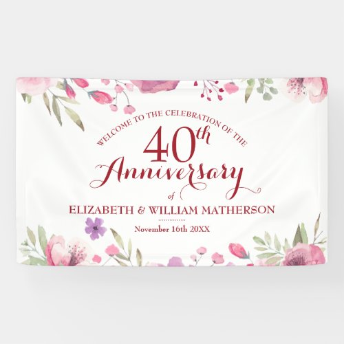 40th Ruby Anniversary Floral Watercolor Welcome Banner