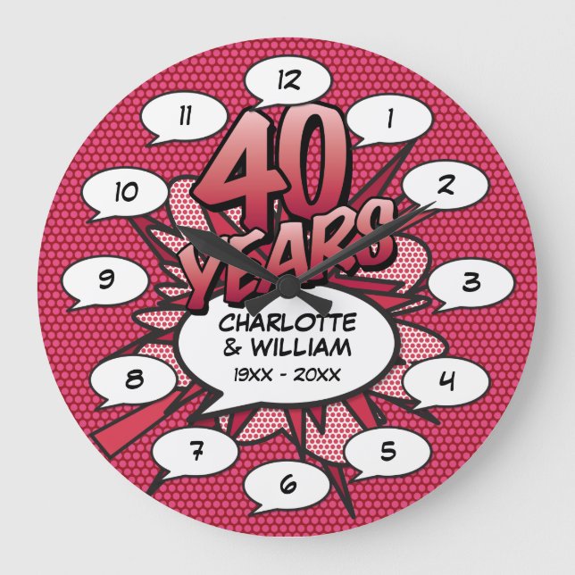 40th Ruby Anniversary Fun Retro Comic Book Large Clock (Front)