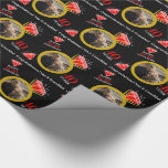 40th ruby anniversary gold ring photo custom black wrapping paper<br><div class="desc">Wedding anniversary wrapping paper in ruby red, gold and white on black. Personalize this ruby 40th-anniversary paper with your own couples photo, message, and the anniversary year. Currently reads Congratulations! Nana and Granddad, Happy Ruby Anniversary 40 years. Ruby stone gold eternity ring printed with your photo in the center, graphic...</div>