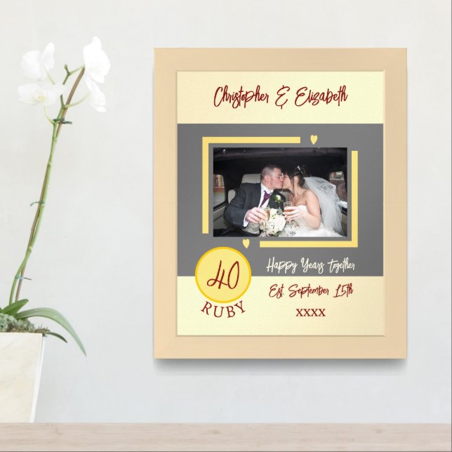 40th ruby anniversary grey add names photo framed art (Entryway)