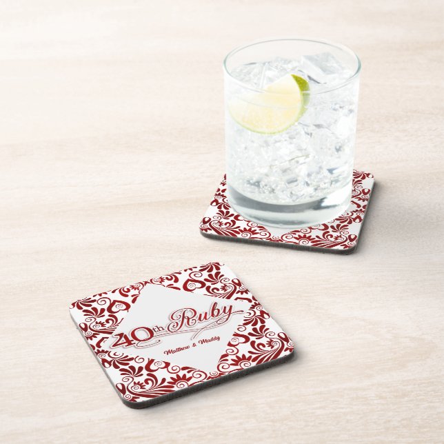 40th Ruby Anniversary Personalized Swirls Coaster (Right Side)