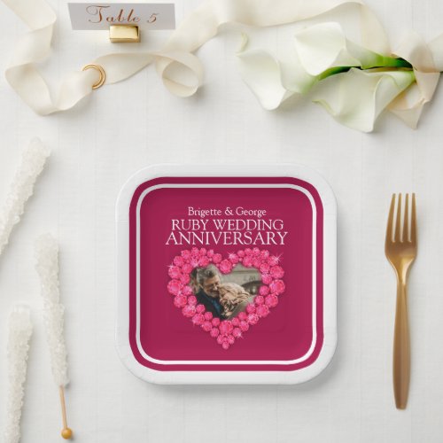 40th Ruby Anniversary photo red heart square Paper Plates