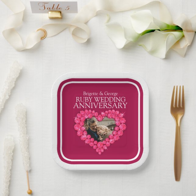 40th Ruby Anniversary photo red heart square Paper Plates (Wedding)