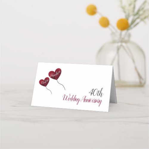 40th Ruby anniversary red heart balloons white Place Card