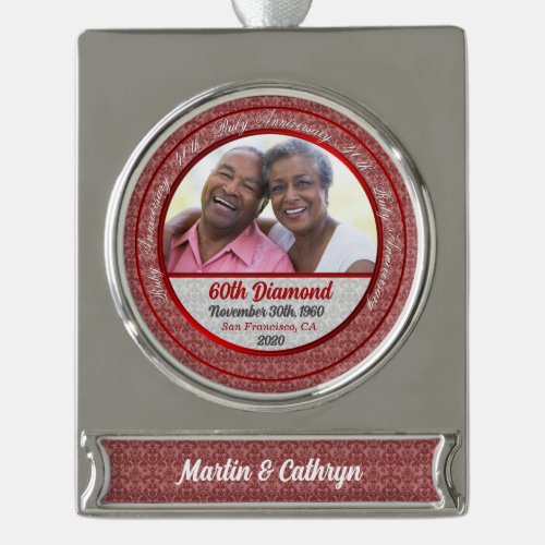 40th Ruby Anniversary Red Silver with Photo Silver Plated Banner Ornament