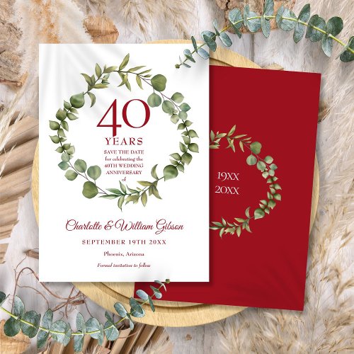 40th Ruby Anniversary Save the Date Greenery Invitation