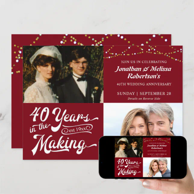 40th Ruby Anniversary Then & Now Photos Party Invitation | Zazzle