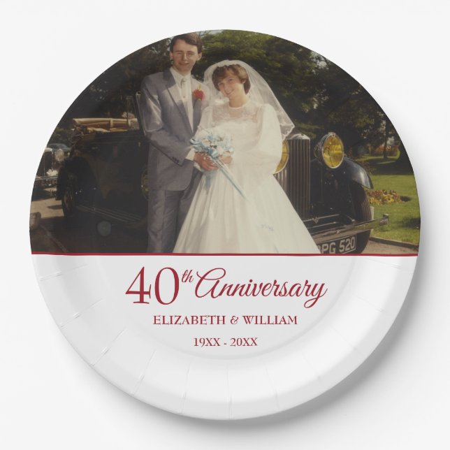 40th Ruby Anniversary Wedding Photo Elegant Paper Plates (Front)