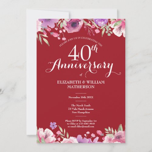 40th Ruby Anniversary Wedding Photo Floral Roses Invitation