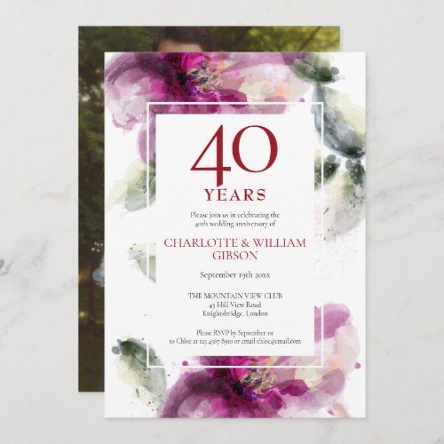 40th Ruby Anniversary Wedding Photo Lilies Floral  Invitation