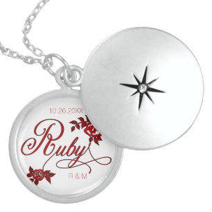 40th Ruby Anniversary with Date and Initials Locket Necklace