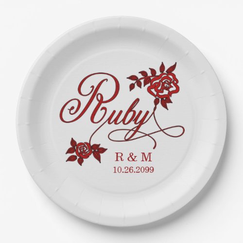 40th Ruby Anniversary with Date and Initials Paper Plates