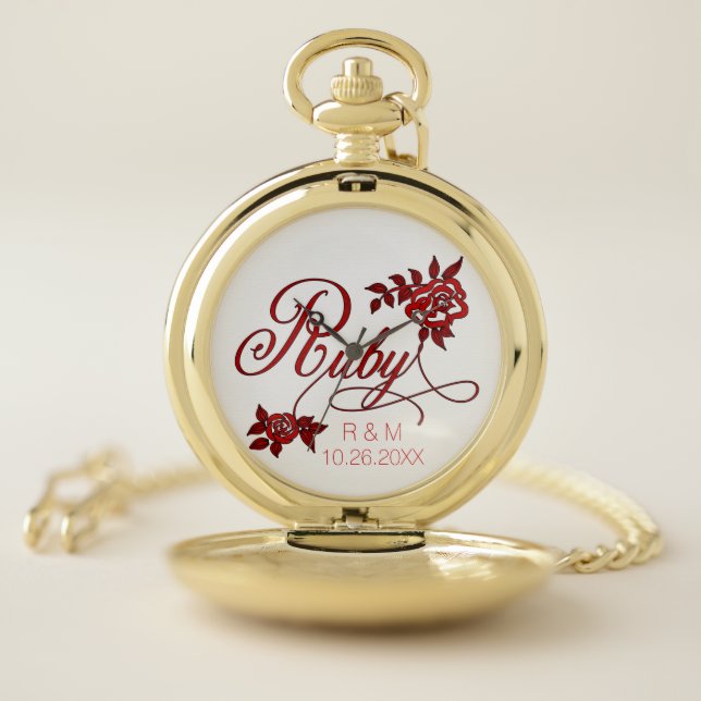 40th Ruby Anniversary with Date and Initials Pocket Watch (Inside)
