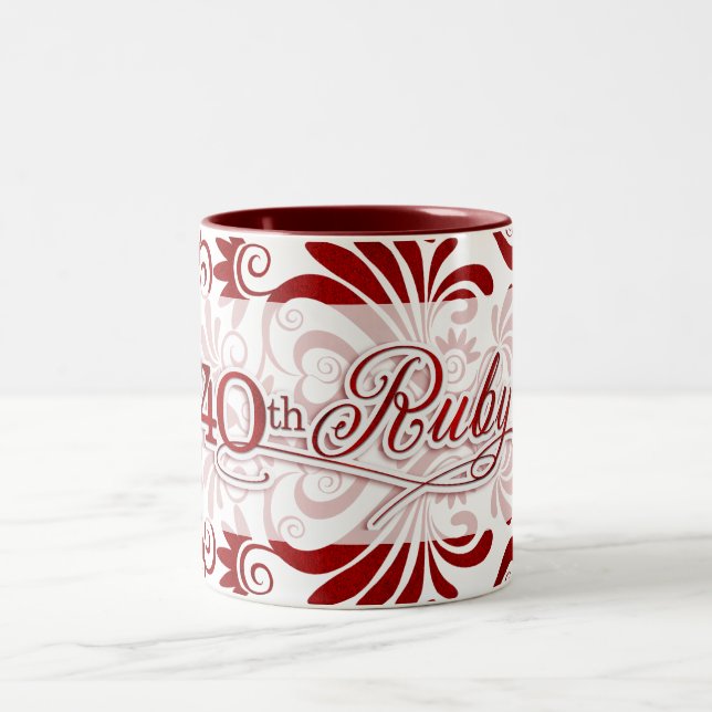 40th Ruby Anniversary with Red Swirls on White Two-Tone Coffee Mug (Center)