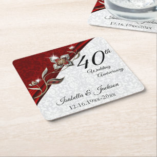40th Ruby Floral Wedding Anniversary 💞  Square Paper Coaster