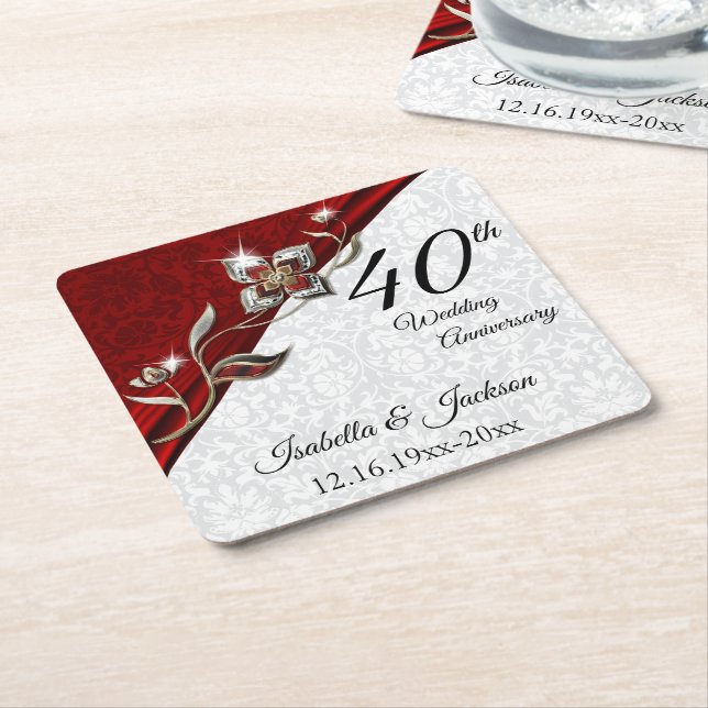 40th Ruby Floral Wedding Anniversary 💞  Square Paper Coaster (Angled)