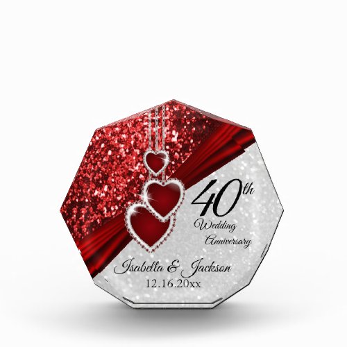40th  Ruby Red and White Glitter Anniversary Acrylic Award
