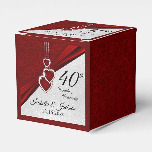 40th Ruby Red and White Glitter  Anniversary Favor Boxes (Front Side)