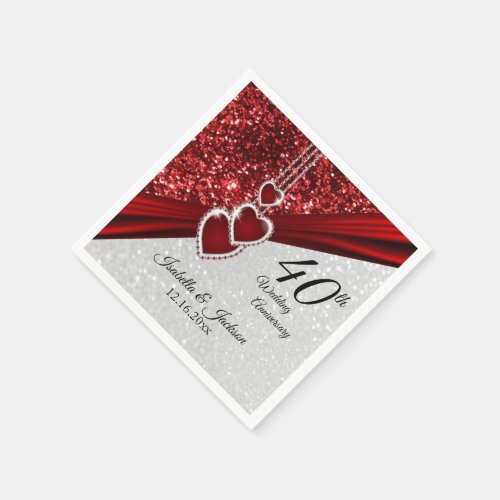 40th Ruby Red and White Glitter Anniversary Napkins