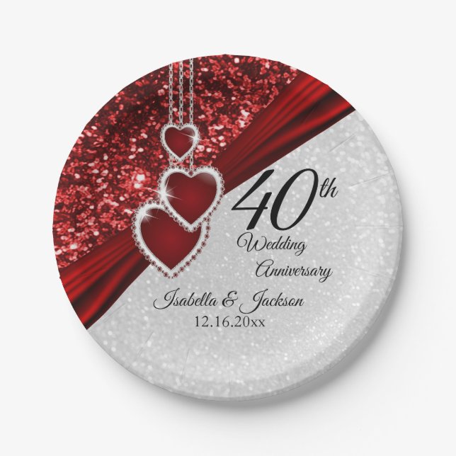 40th Ruby Red and White Glitter Anniversary Paper Plates (Front)