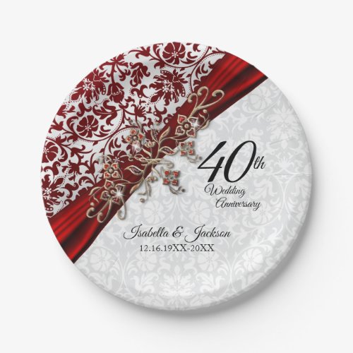 40th Ruby Red and White Wedding Anniversary Paper Plates