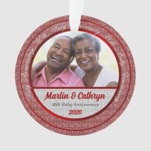 40th Ruby Red Anniversary with Damask and Photo Ornament