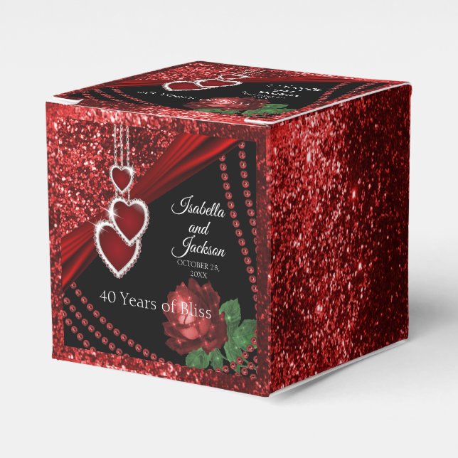 40th Ruby Red Glitter and Rose Anniversary Favor Boxes (Front Side)