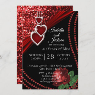 40th Ruby Red Glitter and Rose Anniversary Invitation