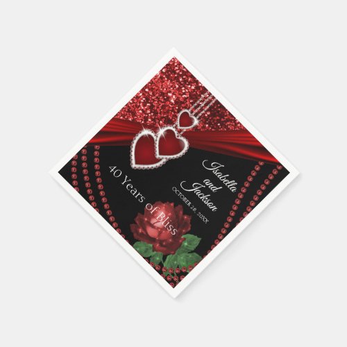 40th Ruby Red Glitter and Rose Anniversary Napkins
