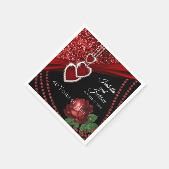 40th Ruby Red Glitter and Rose Anniversary Napkins (Corner)
