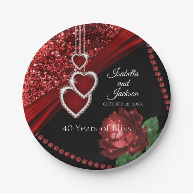 40th Ruby Red Glitter and Rose Anniversary Paper Plates (Front)