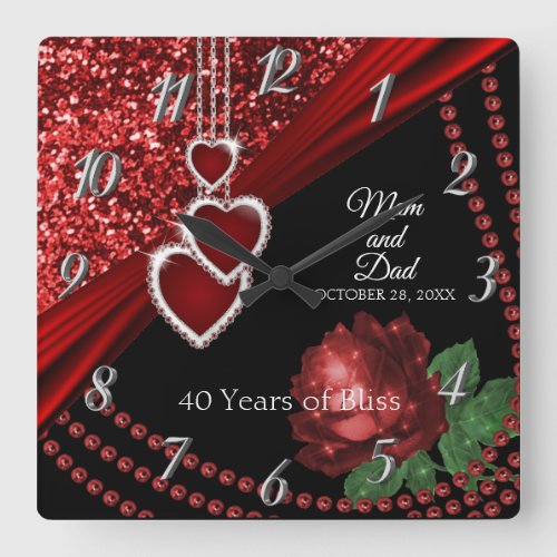 40th Ruby Red Glitter and Rose Anniversary Square Wall Clock