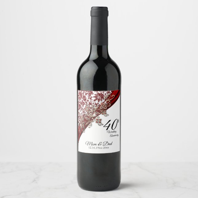40th Ruby Red & White Wedding Anniversary Wine Label (Front)