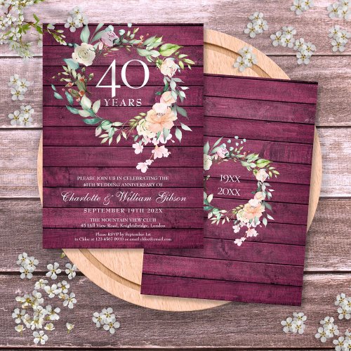 40th Ruby Red Wood Floral Wedding Anniversary Invitation