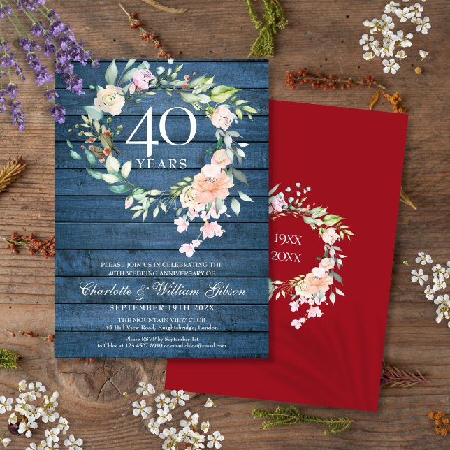 40th Ruby Wedding Anniversary Blue Rustic Floral Invitation (40th Ruby Wedding Anniversary Blue Rustic Floral Invitation)