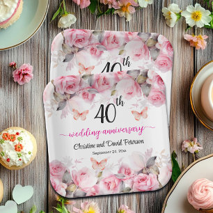 40th Ruby Wedding Anniversary Blush Roses Paper Plates