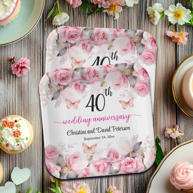 40th Ruby Wedding Anniversary Blush Roses Paper Plates (Creator Uploaded)